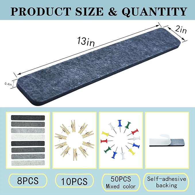 Gray Bulletin Board Strips, 8Pcs Felt Pin Board Bar Strips with 50 Pushpins, Self-Adhesive Felt Cork Board Strips for Wall to Display Your Notes, Photos, Schedules, Announcements