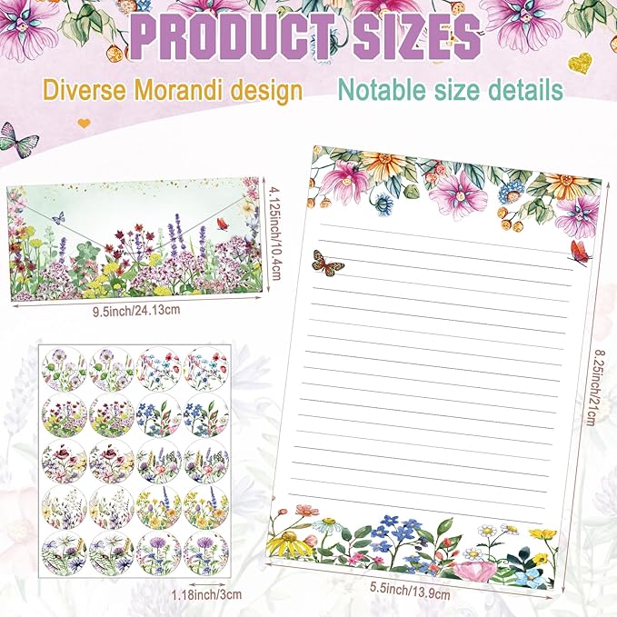TaoBary 160 Packs Stationery Paper Set (50 Double Sided Stationery Writing Papers 50 Matching Envelopes) 60 Round Dot Sticker, 10 Design(Wildflower,8.5 x 11 Inch)