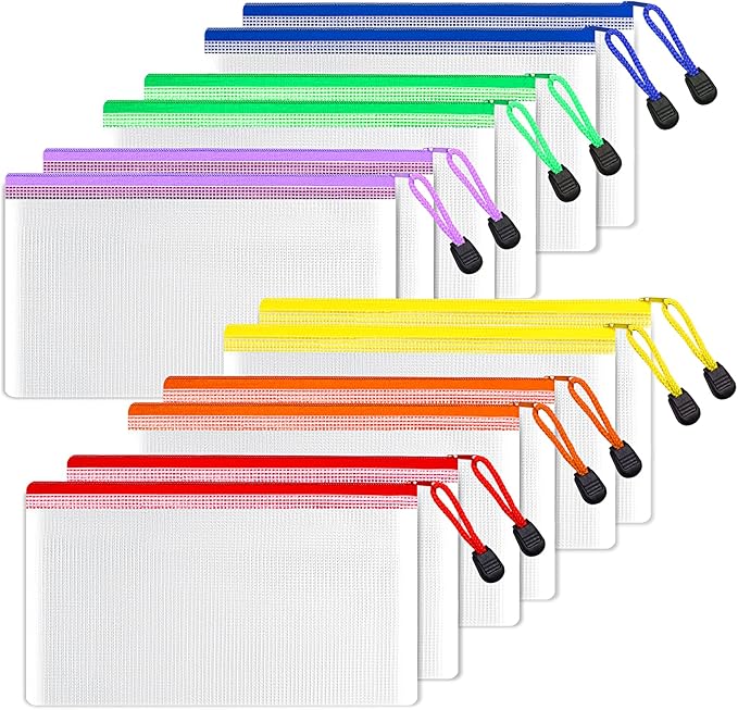 SUNEE Plastic Mesh Zipper Pouch 4x9 in (6 Colors, 12 Packs), Small Water-Resistant Zip Bag for School Office Supplies, Pencil Organizing Storage