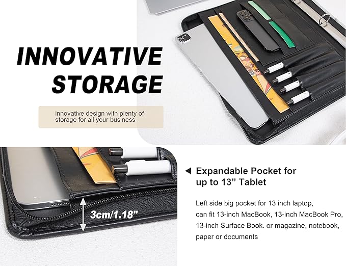 Free Engraved Name, Custom Ring Binder Portfolio, Professional Padfolio Vegans Leather, Document Organizer Folder, Zippered Organizer for 8.5 * 11 inch A4 Letter Legal Pad, Gift for Women/Men, Black