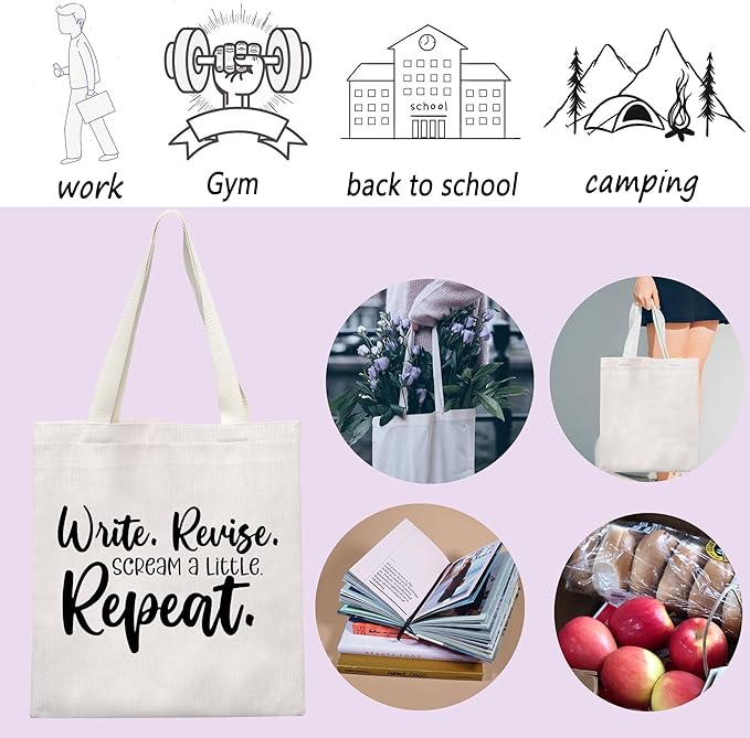 ENSIANTH Writer Gift Write Revise Scream A Little Repeat Book Sleeve Author Appreciation Book Cover Editor Writing Gift (Write Bag)
