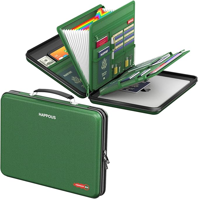 Fireproof Document Box, Expanding File Organizer with 13 Pockets, Portable Fireproof File Box Hard-Shell Document Organizer Storage for Documents Laptop Passports Cards Green