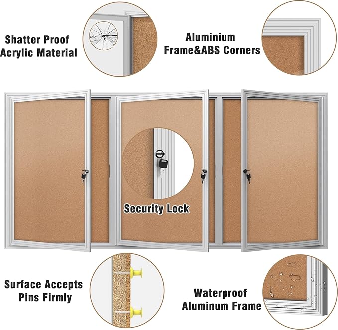 70"x34" Enclosed Bulletin Board, Outdoor Lockable Weather-Resistant Aluminum Cork Noticeboard for School & Office, Silver Frame w/Cork