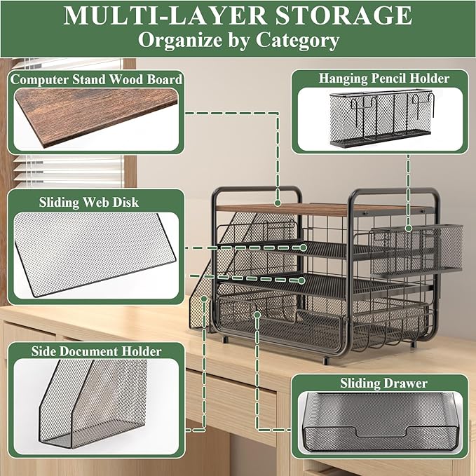 2025 New Large Capacity Desk Organizer with Drawer, Wooden 4-Tier Paper Organizer Letter Tray with File Holder and Pen Holders, Wooden Desk Accessories for A4 Paper Work Folder Storage (Style1)