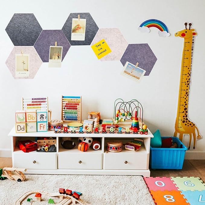 6Pcs Gray Hexagon Bulletin Board Strips,Grey Felt Pin Board Bar Strips with 50 Pushpins, Self-Adhesive Felt Cork Board Strips for Wall to Display Your Notes, Photos, Schedules, Announcements