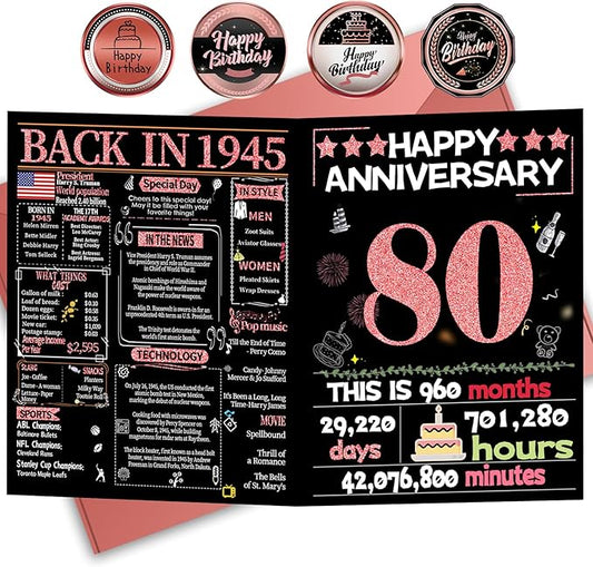Joycard 80th Anniversary Card for Women, Wedding Card for Wife, Sweet Marriage Decorations Gifts for Couple, Perfect for Her on Anniversary Day, Back in 1945