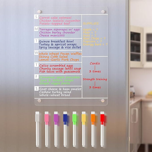 Acrylic Magnetic Meal Planner Menu Board for Kitchen Fridge w/ 8 Markers, Clear Refrigerator Weekly Dry Erase Calendar Planning Noteboard to Do/Grocery/Shopping List/Chore Chart/, 12"x9"