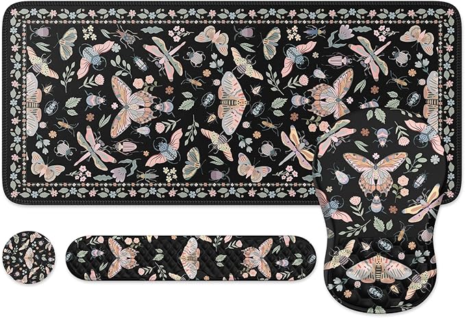 iLeadon Large Mouse Pad and Keyboard Wrist Rest,4in1 Desk Pad Set for Computer Keyboard,Long Floral Mouse Pad XXL+Cup Coaster with Non-Slip Base for Home Office,Black Insect