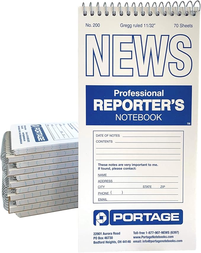 Portage Reporters Notebook – Top Bound Spiral Pocket Notepad, Steno Note Book, Perfect for Reporters & Journalists Taking Notes in the Field, Gregg Ruled – 4 x 8 In, 70 Sheets, 12 Pack