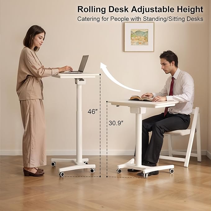 Rolling Standing Desk,Portable Standing Desk with Wheels Adjustable Height Desk Mobile Standing Desk for Home Office, Bedroom,Couch（White）