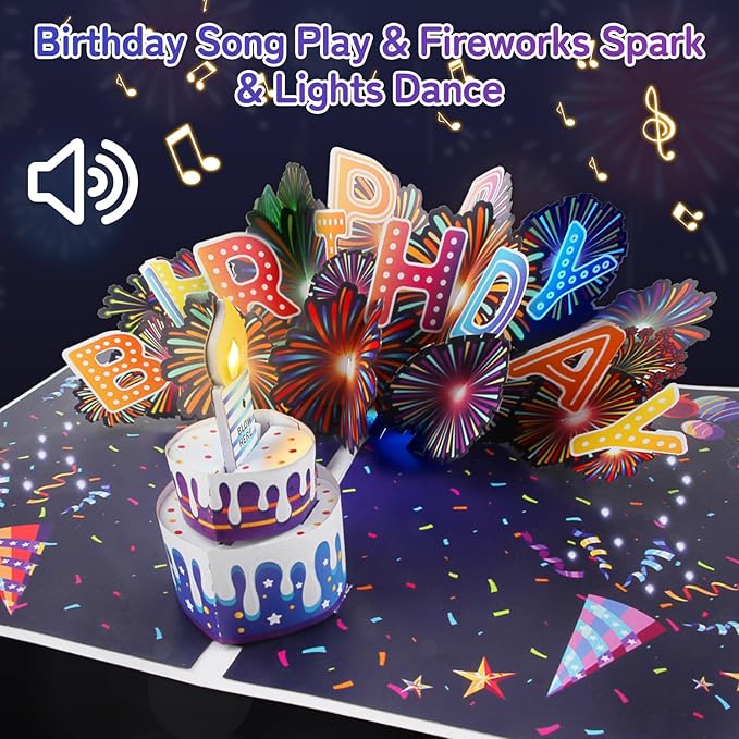 Birthday Cards Fireworks 3D Pop Up Blowable Cake Light Music Happy Birthday Card Gifts for Women,Men, Mom, Kids