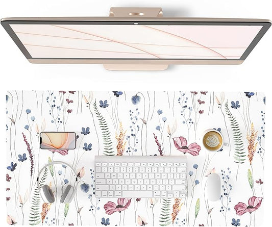 QIYI Large Mouse Pad, Cute Flower Desk Mat for Desktop, Women Girls Floral Office Décor Desk Accessories, PU Leather Waterproof Big Gaming Mousepad, Wildflowers Desk Pad Computer Mat, 31.5" x 15.7"