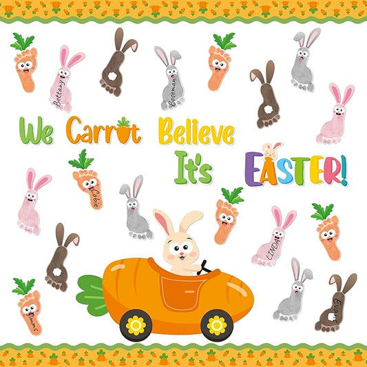 B1ykin 88Pcs Easter Footprint Carrot Bunny Bulletin Board Decoration, We Carrot Believe It’s Easter Cutout with Border Trim, Carrot Car Rabbit Footprints Supply for Kindergarten Preschool Chalkboard
