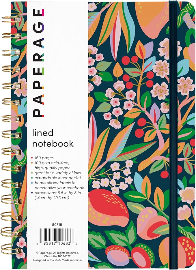 PAPERAGE Lined Spiral Journal Notebook, (Cherry Blossom & Fruit), 160 Pages, Medium 5.5 inches x 8 inches - 100 GSM Thick Paper, Hardcover, Double-Wire Spiral Journal & Notebook