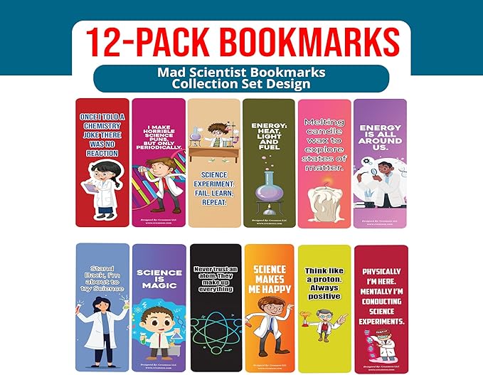 Creanoso Mad Scientist Bookmarks (2-Sets X 6 Cards) – Daily Inspirational Card Set – Interesting Book Page Clippers – Great Gifts for Adults and Professionals