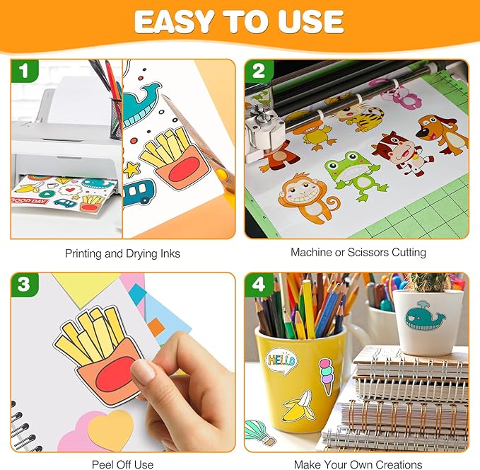 60 PCS Sticker Paper for Inkjet Printer，Printable Vinyl Sticker Paper Dries Quickly Vivid Colors，8.5"x11" Tear Resistant Printable Vinyl，Glossy White,Inkjet & Laser Printer