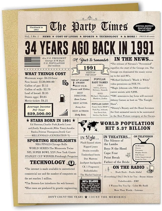 34th Birthday Card Gifts for Men Women, Large 34 Bday Gift Cards for Husband Wife, Happy 34 Year Old Birthday Decorations for Her Him