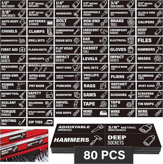 Toolbox Organization Magnetic Labels 80 Pcs, Tool Organizer Icon Labels with Strong Magnets, Toolbox Widget Stickers Accessories, Fits All Brands of Steel Tool Chest Organizer, 3" x 1"
