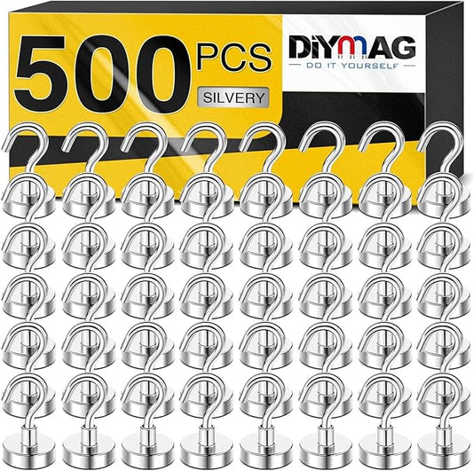 DIYMAG Magnetic Hooks, 30Lbs Strong Heavy Duty Cruise Magnet S-Hooks for Classroom, Fridge, Hanging, Cabins, Grill, Kitchen, Garage, Workplace and Office etc, (500 Pack-Silver),Screw in Hooks