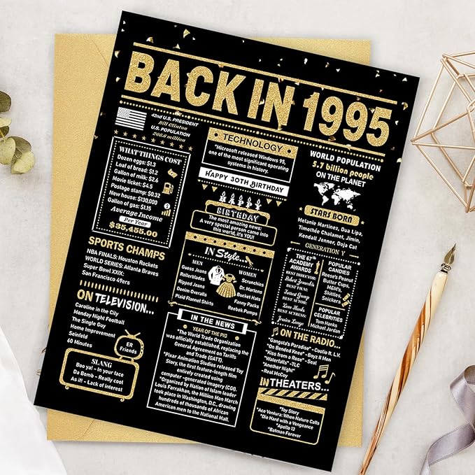 30th Birthday Card, 30th Birthday Decorations for Women Men, 30th Birthday Gifts for Her Him, Back in 1995 Birthday Card, Black Gold