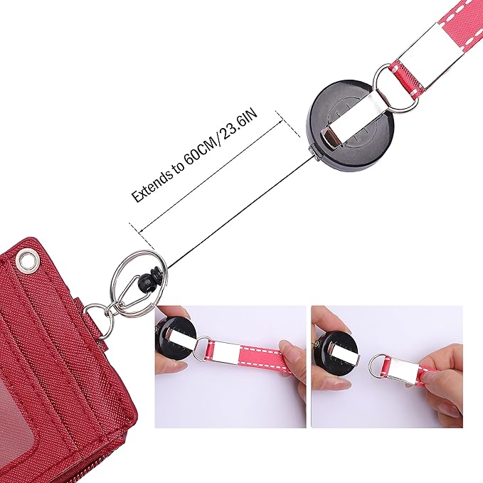 Cute ID Badge Holder Retractable Lanyard Reel Clip with Heavy Duty Carabiner, 5 Card Slots in 2 Sided with Key Ring and Zipper for Women Students Teens Girls Office Staff (Red Girl)
