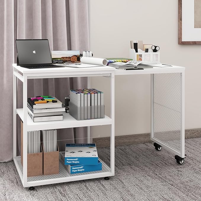 Natwind Large Printer Stand with Storage Shelves,Extendable Home Craft Table,Home Office Organization Desk, Versatile Table for Home Office, Kitchen, Study Room, Living Room (White)