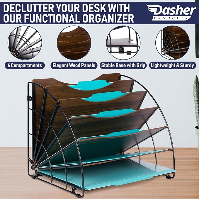 Dasher Products Fan-Shaped Office Desk Organizer, 6 Compartments with Wood-Patterned Shelves for Storing Paper, Bills, Letters, and Office Supplies. Multi-Functional Desk Organizers and Accessories