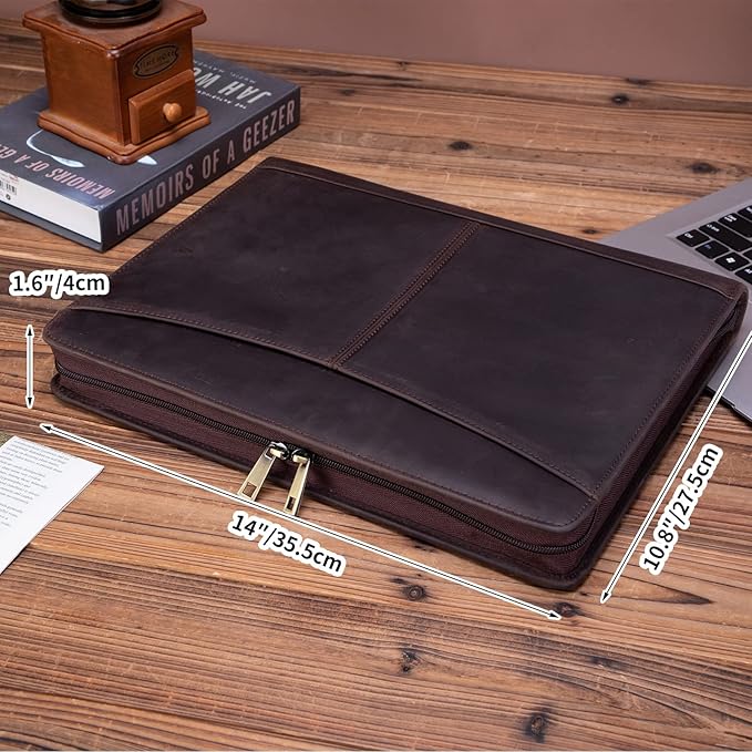 Handmade Crazy-Horse Leather Padfolio Portfolio, Easy to Carry with A Zippered Closure, Business Organizer Tablet Folio Folder with Letter Size Notepad, Gift for Women & Men (Dark Brown, Custom)