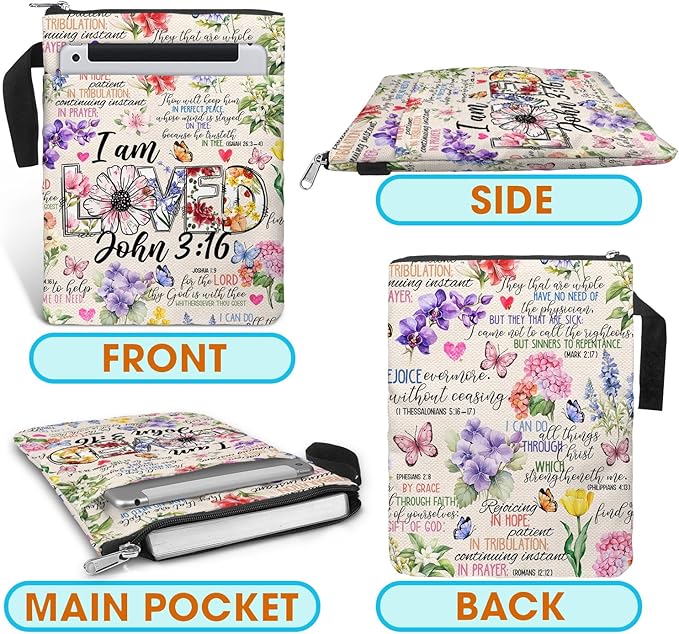 Book Cover Bag with Zipper and Front Pocket. Christian Faith Religious Gift for Book Lovers. Washable Fabric 11 X 8.5 Bible Book Sleeve Bag. Padded Protector Pouch. I am Loved.