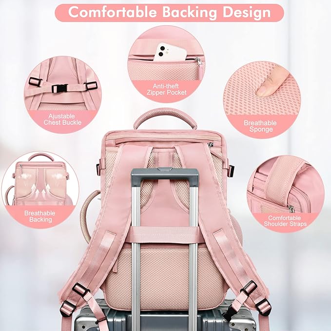 Travel Backpack for Women, TSA-Friendly Carry-on Backpack Bag Luggage Airline Approved, Personal Item Backpack for Work Business College, Travel Essentials, Pink
