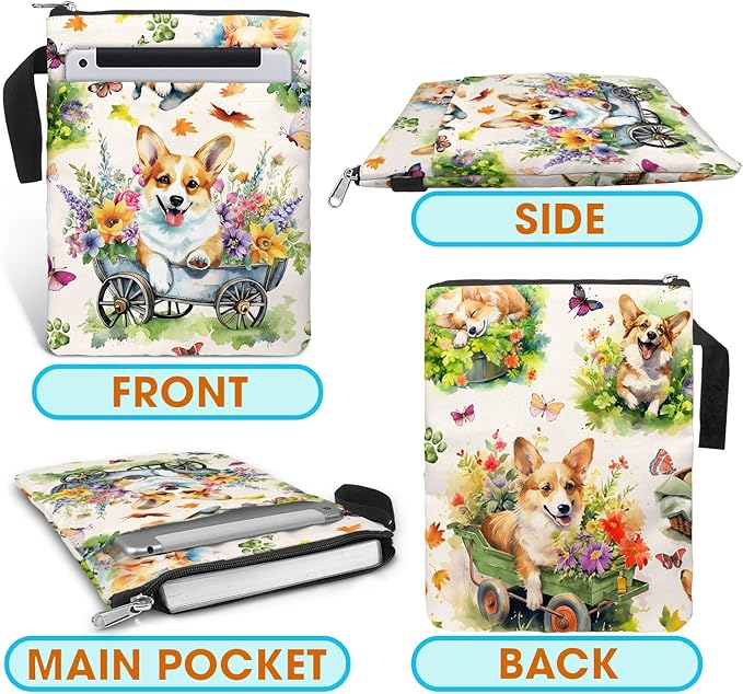 84hoods Book Cover Bag with Zipper and Front Pocket. Corgi and Book Lovers Gift. Washable Fabric 11 X 8.5 Inch Padded Protector Pouch for Paperbacks. Flower Garden