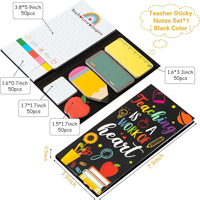 Teaching is A Work of Heart Sticky Notes Set 550 Sheets Pencil Apple Shape Self-Stick Note Pads Teacher Appreciation Gift Writing Memo Pads Page Marker Back to School Office Supplies (Black)