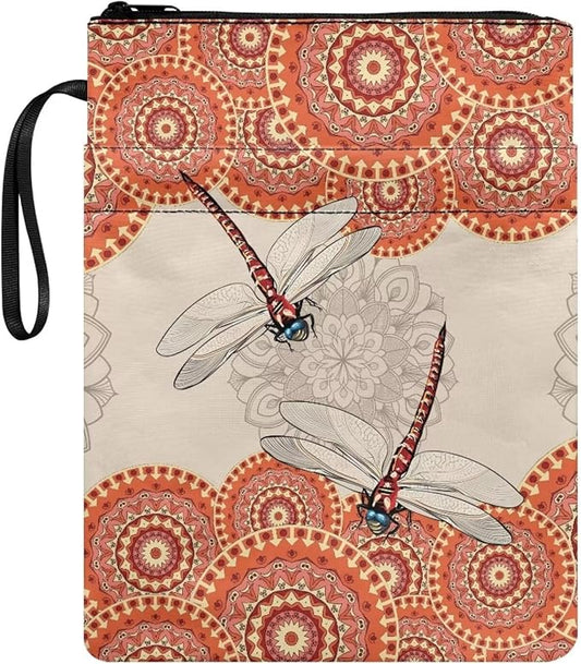 COEQINE Dragonfly Book Sleeve Vintage Mandala Book Cover for Hard Cover Paperbacks Portable Chain Front Pocket for Women Girls,Orange