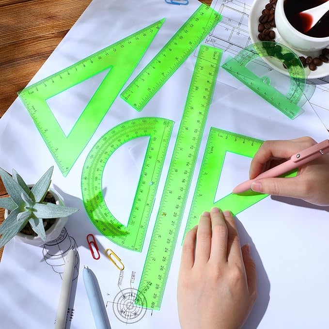 Tenare 6 Pcs Plastic Ruler Math Set Includes 12 Inch 6 Inch Straight Ruler Protractor Triangle Rulers Geometry Transparent Math Ruler Measuring Tools for School Office Home(Green)