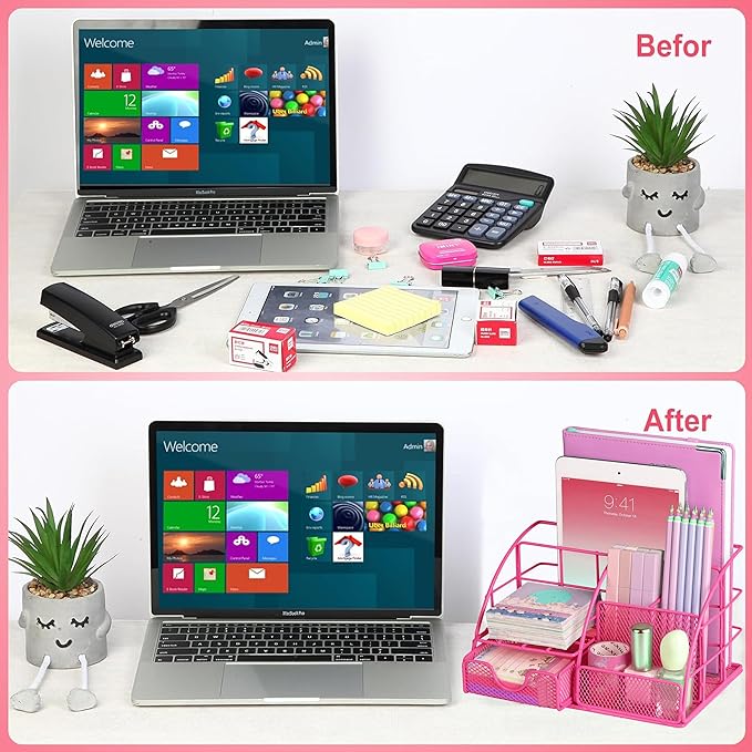 Hot Pink Office Desk Accessories Supplies, 12pcs Desk Organizers and Accessories with Tape Dispenser,Stapler,Staples,Staple Remover,Pen Holder,Scissor,Ruler,Sticky Tabs,Tape,Ballpoint Pen,Clips Set