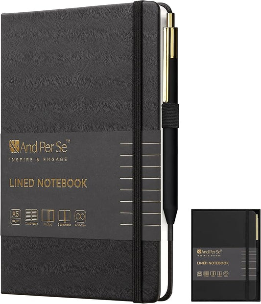 A5 Lined Leather Journal and Pen Set, Hardcover Notebook with Pen, 160 Pages 100gsm Thick Ruled Paper for Men Women, for Work, Business, School or Home Writing, 5.7'' x 8'', Gift Box Included(Black)