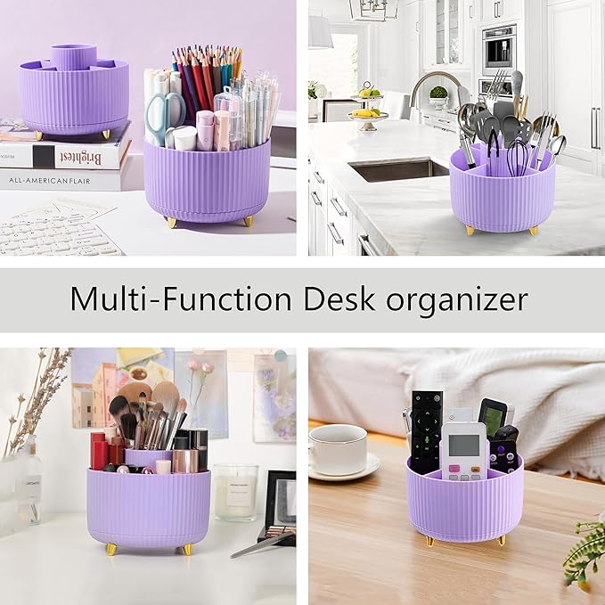 Purple Desk Accessories, Purple Office Supplies 360°Pen Holder Desk Organizers And Accessories with Tape Dispenser, Stapler, Staple Remover, 1000 Staples, Tape, Clips Set, Ruler, Scissor, Pen