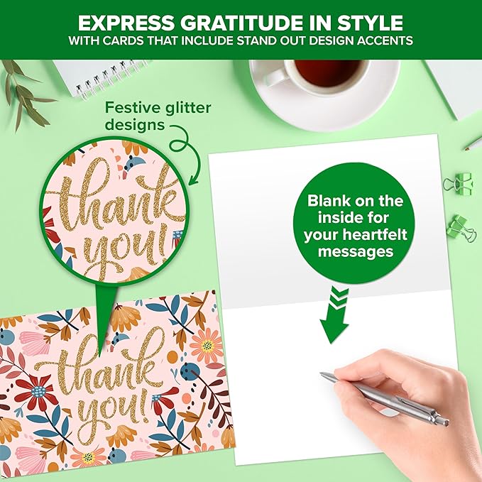 Decorably 24 Pack Glittery 6x4in Assorted Thank You Cards with Envelopes and Stickers, 24 Unique Beautiful Designs Thank You Card Assortment, Blank Inside - Wedding, Baby Shower, Birthday