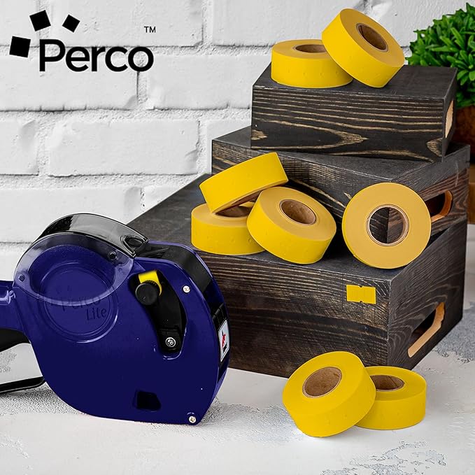 Perco 1 Line Yellow Labels - 8 Rolls, 1 Sleeve, 8,000 Blank Price and Date Gun Labels for Perco 1 Line Price and Date Guns - Made in USA