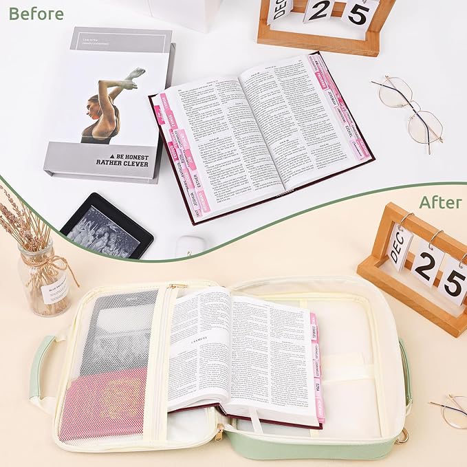 Bible Cover Case for Women, Carrying Bible Case with Zippered Pocket and Handle for Bible Accessories Supplies, Green Bible Bag with Shoulder Strap/Detachable Pen Slot for Ladies and Girls