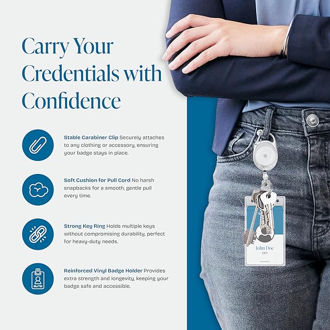 Will Well ID Badge Holders with Clip and Keyring - Vertical Clear Plastic 3.7" x 2.5" Sleeves Fit Up to 3 Cards - Retractable 24" UHMWPE Fiber Pull Cords - 2-Pack, Transparent White Reels