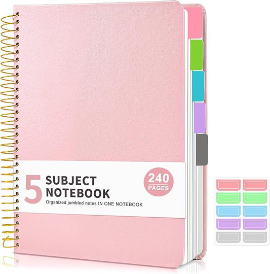 5 Subject Notebook College Ruled with Removable Pocket Dividers Tabs, 240 Pages Spiral Notebook 8.5 x 11, Lined Journal Notebook for Women , Hardcover Notebooks for Work School Note taking A4 Pink