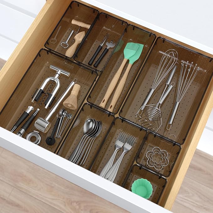 13 PCS Clear Plastic Drawer Organizers Set, 4 Size Desk Drawer Organizer Trays for Makeup, Jewelry, Kitchen Utensils, Gadgets and Office Accessories, Black
