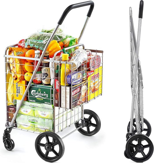 Wellmax Metal Grocery Shopping Cart with Wheels for Groceries, Folding Cart for Convenient Storage and Holds Up to 66lbs, Dual Swivel Wheels and Extra Basket, Silver