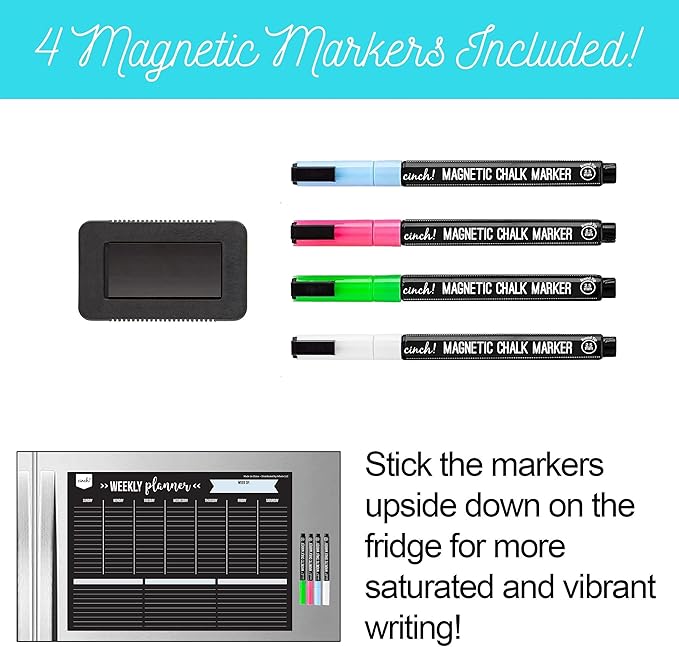 Cinch! 17x12-Inch Magnetic Dry Erase Weekly Planner for Fridge - Black Weekly Calendar Board with 4 Fine Tip Markers and Large Eraser - Magnetic Fridge Organizer, Meal Planning, and Dry Erase Board