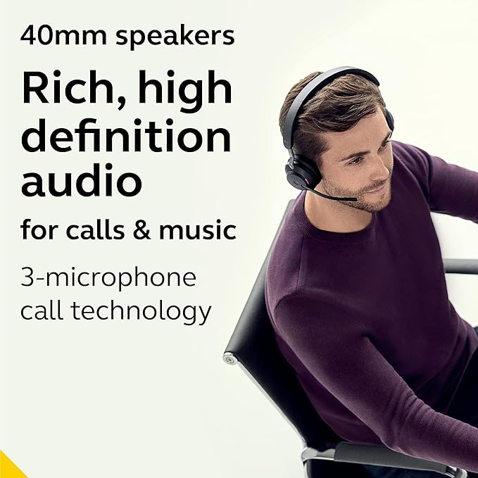 Jabra Evolve2 65 UC Wireless Headphones with Link380a, Stereo, Black – Wireless Bluetooth Headset for Calls and Music, 37 Hours of Battery Life, Passive Noise Cancelling Headphones