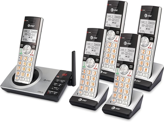 AT&T CL82507 DECT 6.0 5-Handset Cordless Phone for Home with Answering Machine, Call Blocking, Caller ID Announcer, Intercom and Long Range, Silver (CL82507)