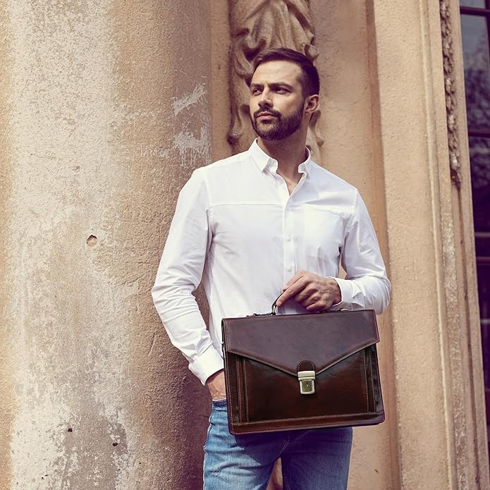 Time Resistance Leather Briefcase for Men - Business Laptop Bag - Italian Handmade Leather Bag - Attache - Gift Box Included