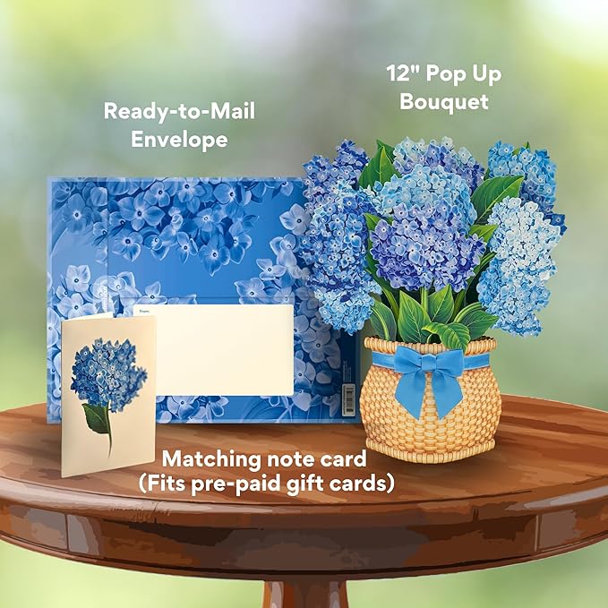 Freshcut Paper Pop Up Cards, Nantucket Hydrangeas, 12 Inch Life Sized Forever Flower Bouquet 3D Popup Greeting Card, Birthday Cards, Thank You Card, Blank Notecard & Envelope
