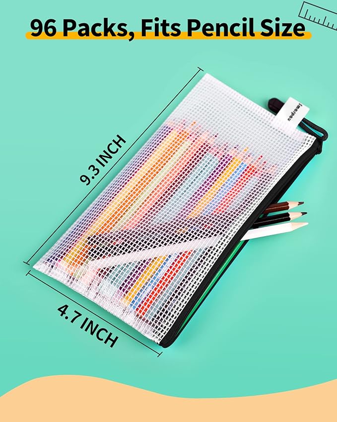 Smarpau Mesh Zipper Pouch, 96 Pack 9.3" x 4.7" Small Zipper Pencil Pouch Bulk, Multipurpose Waterproof Zip Bags for Travel, Office Supplies Pencil Case, Black